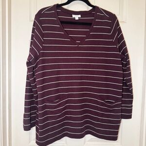 J. Jill | Women’s Maroon and Mint Striped V-Neck Knit Top Size XL
